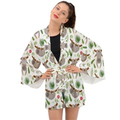 Seamless Pattern With Cute Sloths Long Sleeve Kimono by Ndabl3x