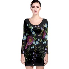 Embroidery Trend Floral Pattern Small Branches Herb Rose Long Sleeve Bodycon Dress by Ndabl3x