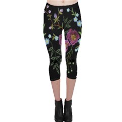 Embroidery Trend Floral Pattern Small Branches Herb Rose Capri Leggings  by Ndabl3x