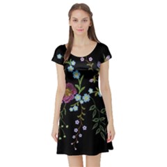 Embroidery Trend Floral Pattern Small Branches Herb Rose Short Sleeve Skater Dress by Ndabl3x