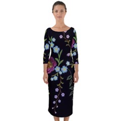 Embroidery Trend Floral Pattern Small Branches Herb Rose Quarter Sleeve Midi Bodycon Dress by Ndabl3x