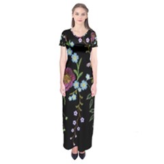 Embroidery Trend Floral Pattern Small Branches Herb Rose Short Sleeve Maxi Dress by Ndabl3x