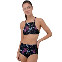 Embroidery Trend Floral Pattern Small Branches Herb Rose Halter Tankini Set by Ndabl3x