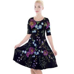 Embroidery Trend Floral Pattern Small Branches Herb Rose Quarter Sleeve A-line Dress by Ndabl3x