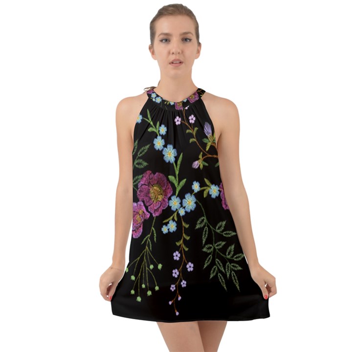 Embroidery Trend Floral Pattern Small Branches Herb Rose Halter Tie Back Chiffon Dress