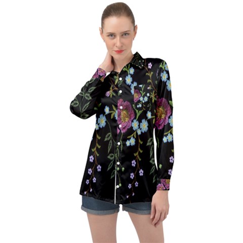 Embroidery Trend Floral Pattern Small Branches Herb Rose Long Sleeve Satin Shirt by Ndabl3x