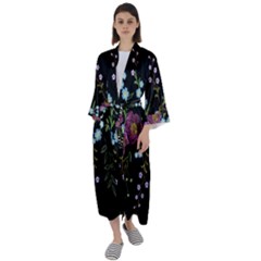 Embroidery Trend Floral Pattern Small Branches Herb Rose Maxi Satin Kimono by Ndabl3x