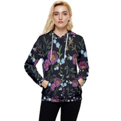 Embroidery Trend Floral Pattern Small Branches Herb Rose Women s Lightweight Drawstring Hoodie