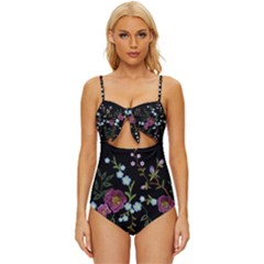 Embroidery Trend Floral Pattern Small Branches Herb Rose Knot Front One-piece Swimsuit by Ndabl3x