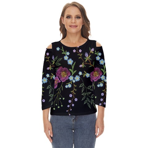 Embroidery Trend Floral Pattern Small Branches Herb Rose Cut Out Wide Sleeve Top by Ndabl3x