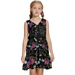 Embroidery Trend Floral Pattern Small Branches Herb Rose Kids  Sleeveless Tiered Mini Dress by Ndabl3x