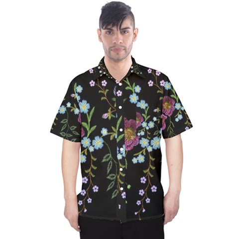 Embroidery Trend Floral Pattern Small Branches Herb Rose Men s Hawaii Shirt by Ndabl3x