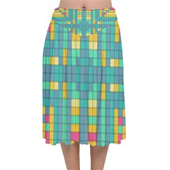 Checkerboard Squares Abstract Art Velvet Flared Midi Skirt by Ravend