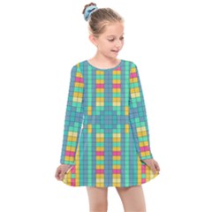 Checkerboard Squares Abstract Art Kids  Long Sleeve Dress by Ravend