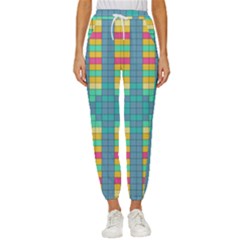 Checkerboard Squares Abstract Art Women s Cropped Drawstring Pants by Ravend