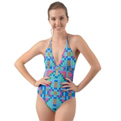 Checkerboard Square Abstract Halter Cut-out One Piece Swimsuit by Ravend