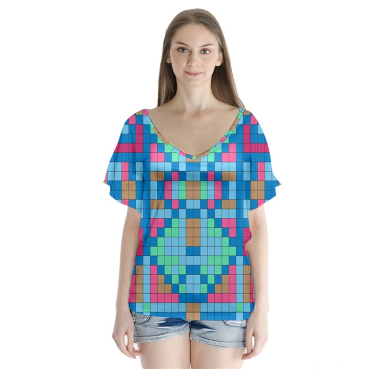 Checkerboard Square Abstract V-Neck Flutter Sleeve Top