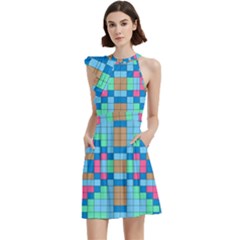 Checkerboard Square Abstract Cocktail Party Halter Sleeveless Dress With Pockets by Ravend