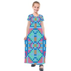 Checkerboard Square Abstract Kids  Short Sleeve Maxi Dress by Ravend