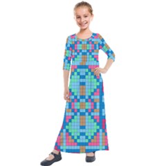 Checkerboard Square Abstract Kids  Quarter Sleeve Maxi Dress by Ravend