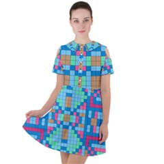 Checkerboard Square Abstract Short Sleeve Shoulder Cut Out Dress  by Ravend