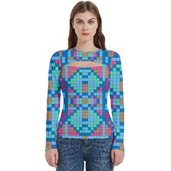 Checkerboard Square Abstract Women s Cut Out Long Sleeve T-shirt