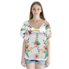 Floral Backdrop Pattern Flower V-neck Flutter Sleeve Top by Ravend