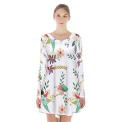 Floral Backdrop Pattern Flower Long Sleeve Velvet V-neck Dress