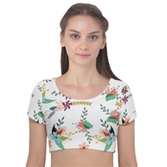 Floral Backdrop Pattern Flower Velvet Short Sleeve Crop Top  by Ravend