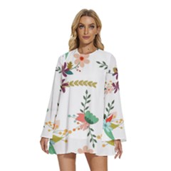 Floral Backdrop Pattern Flower Round Neck Long Sleeve Bohemian Style Chiffon Mini Dress by Ravend