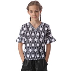 Geometric Floral Curved Shape Motif Kids  V-neck Horn Sleeve Blouse