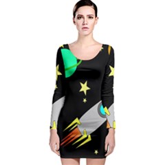 Planet Rocket Space Stars Long Sleeve Bodycon Dress by Ravend