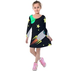 Planet Rocket Space Stars Kids  Long Sleeve Velvet Dress by Ravend