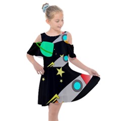 Planet Rocket Space Stars Kids  Shoulder Cutout Chiffon Dress by Ravend