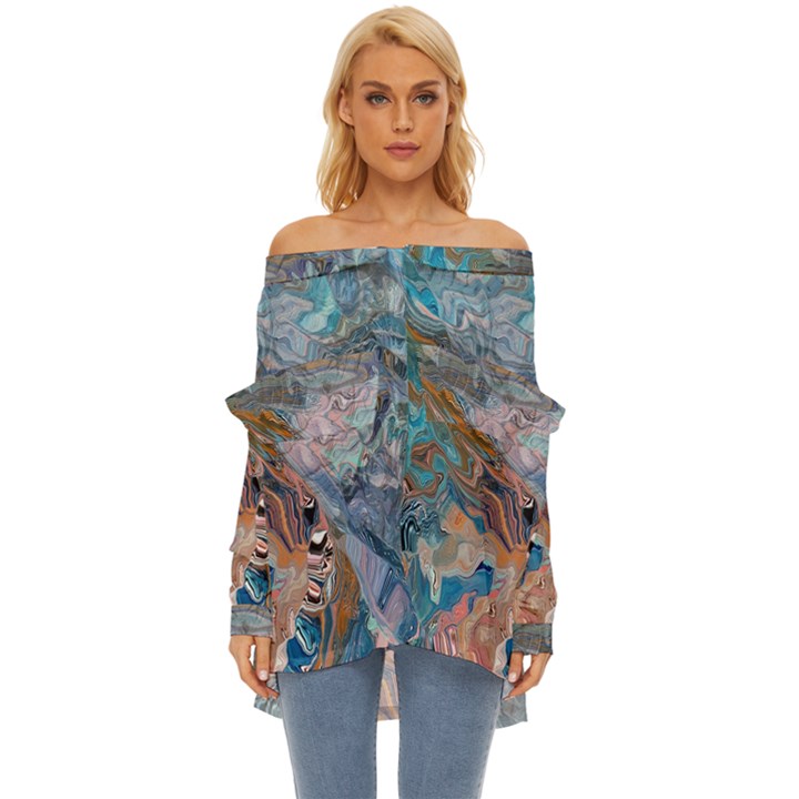 Abstract delta Off Shoulder Chiffon Pocket Shirt