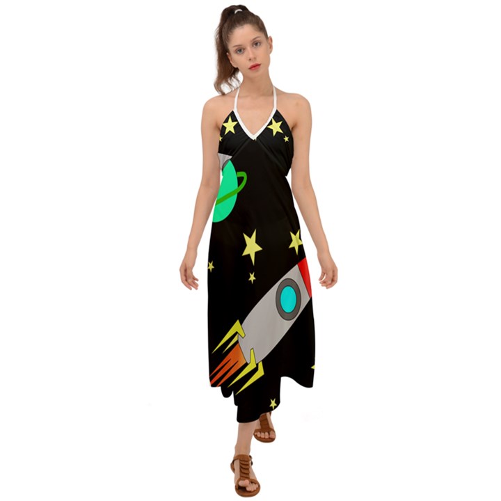 Planet Rocket Space Stars Halter Tie Back Dress 