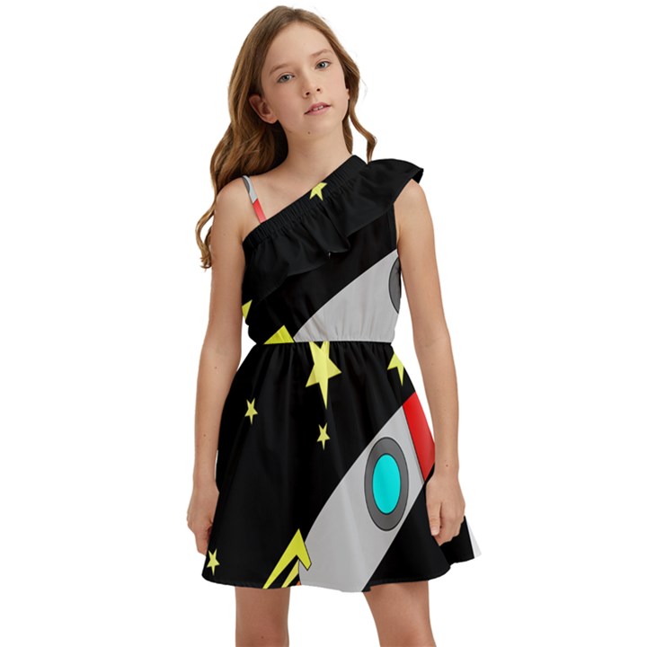 Planet Rocket Space Stars Kids  One Shoulder Party Dress