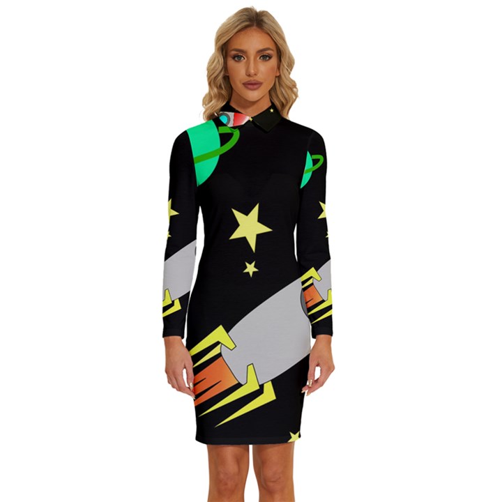 Planet Rocket Space Stars Long Sleeve Shirt Collar Bodycon Dress