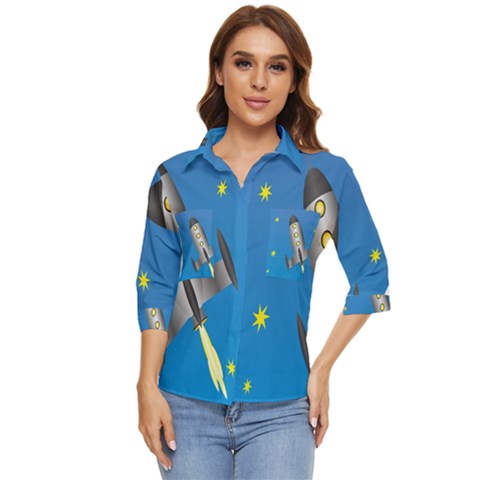 Rocket Spaceship Space Travel Nasa Women s Quarter Sleeve Pocket Shirt by Ravend