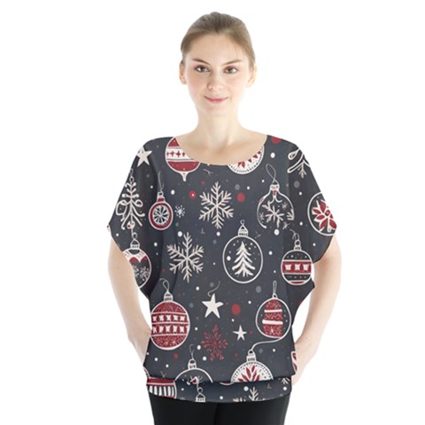 Christmas Decoration Winter Xmas Batwing Chiffon Blouse by Ravend