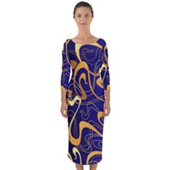 Squiggly Lines Blue Ombre Quarter Sleeve Midi Bodycon Dress by Ravend