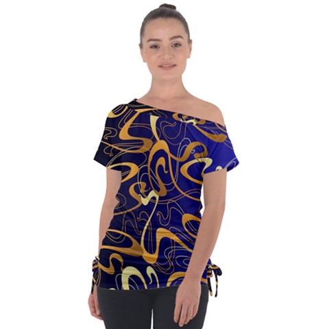 Squiggly Lines Blue Ombre Off Shoulder Tie-up T-shirt by Ravend