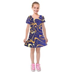 Squiggly Lines Blue Ombre Kids  Short Sleeve Velvet Dress by Ravend