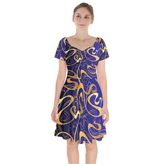 Squiggly Lines Blue Ombre Short Sleeve Bardot Dress by Ravend