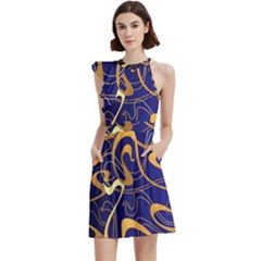 Squiggly Lines Blue Ombre Cocktail Party Halter Sleeveless Dress With Pockets by Ravend