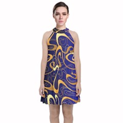 Squiggly Lines Blue Ombre Velvet Halter Neckline Dress  by Ravend