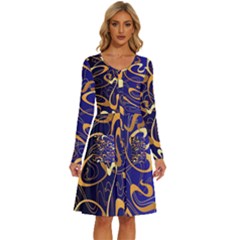 Squiggly Lines Blue Ombre Long Sleeve Dress With Pocket by Ravend