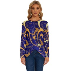 Squiggly Lines Blue Ombre Long Sleeve Crew Neck Pullover Top by Ravend