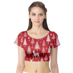 Christmas Tree Deer Pattern Red Short Sleeve Crop Top