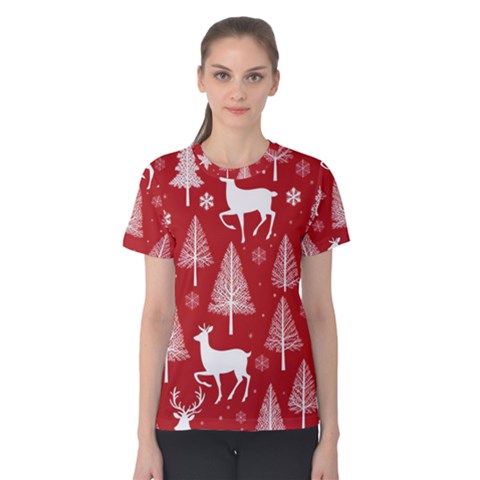 Christmas Tree Deer Pattern Red Women s Cotton T-shirt by Ravend